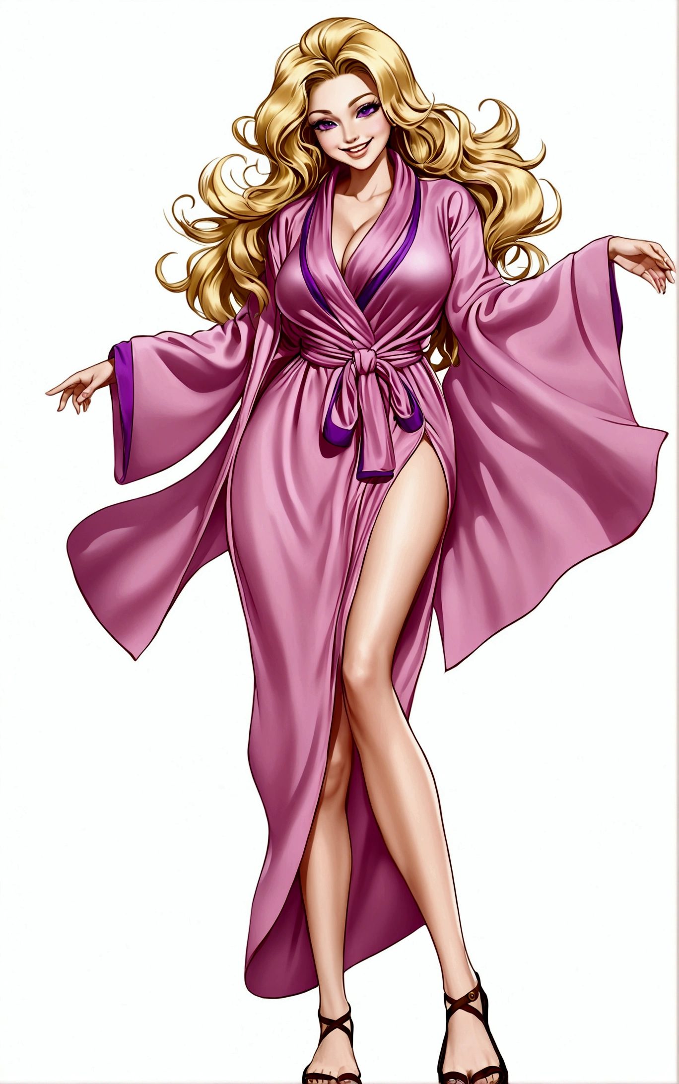 1girl，独奏，Long hair，Chest，Smile，blond，大Chest，Simple background，White background，Cleavage，Purple Eyes，whole body，Bathrobe，sandals，粉色Bathrobe