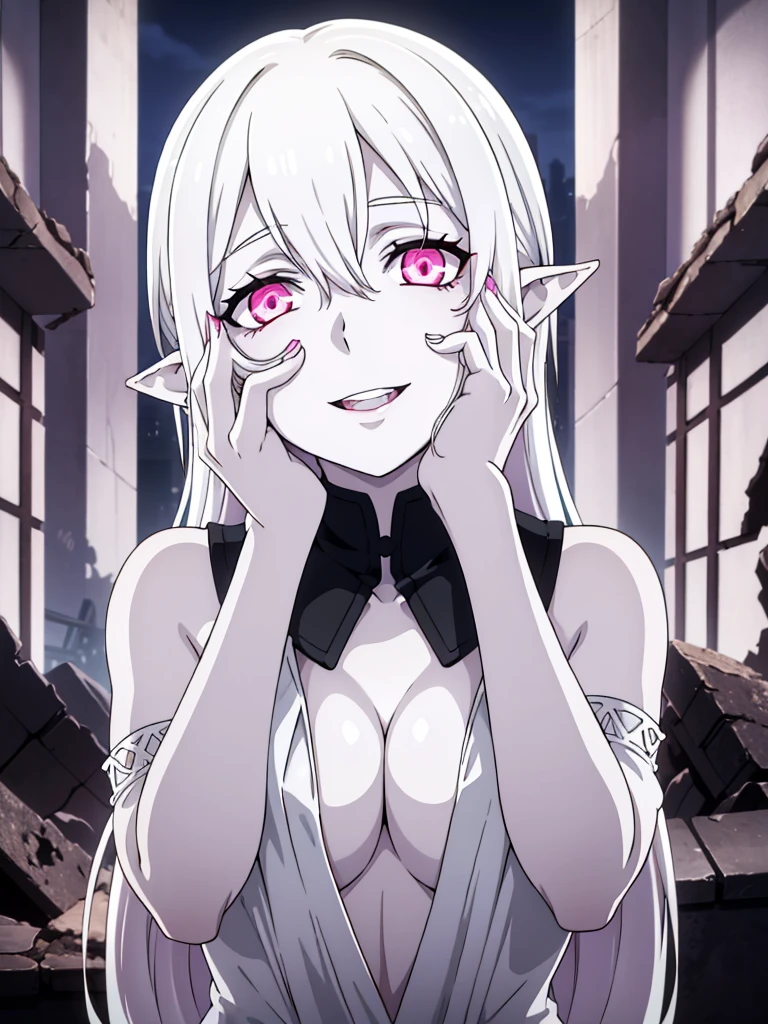 (1girl,20s,mature female),solo,white hair,long hair,((white skin,colored skin)),elf ears,naked,(night,ruins background),(smile,yandere trance),hands on own face,pink glowing eyes,teeth