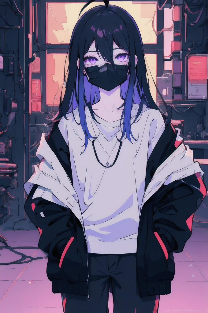 ((masterpiece)), (best quality), ((highres)), 4K, Detailed, (Ambient Light, Digital Art, Soft Lighting, extremely detailed 8K wallpaper:1.2), BREAK 1girl, solo, pale skin, violet eyes, violet hair, ahoge, (absurdly long hair:1.1), flat chest, cyberpunk scenery, black jacket, pants, shirt, night, hand in pocket, looking at viewer, hair between eyes, expressionless, rtx, neon light, black medical mask