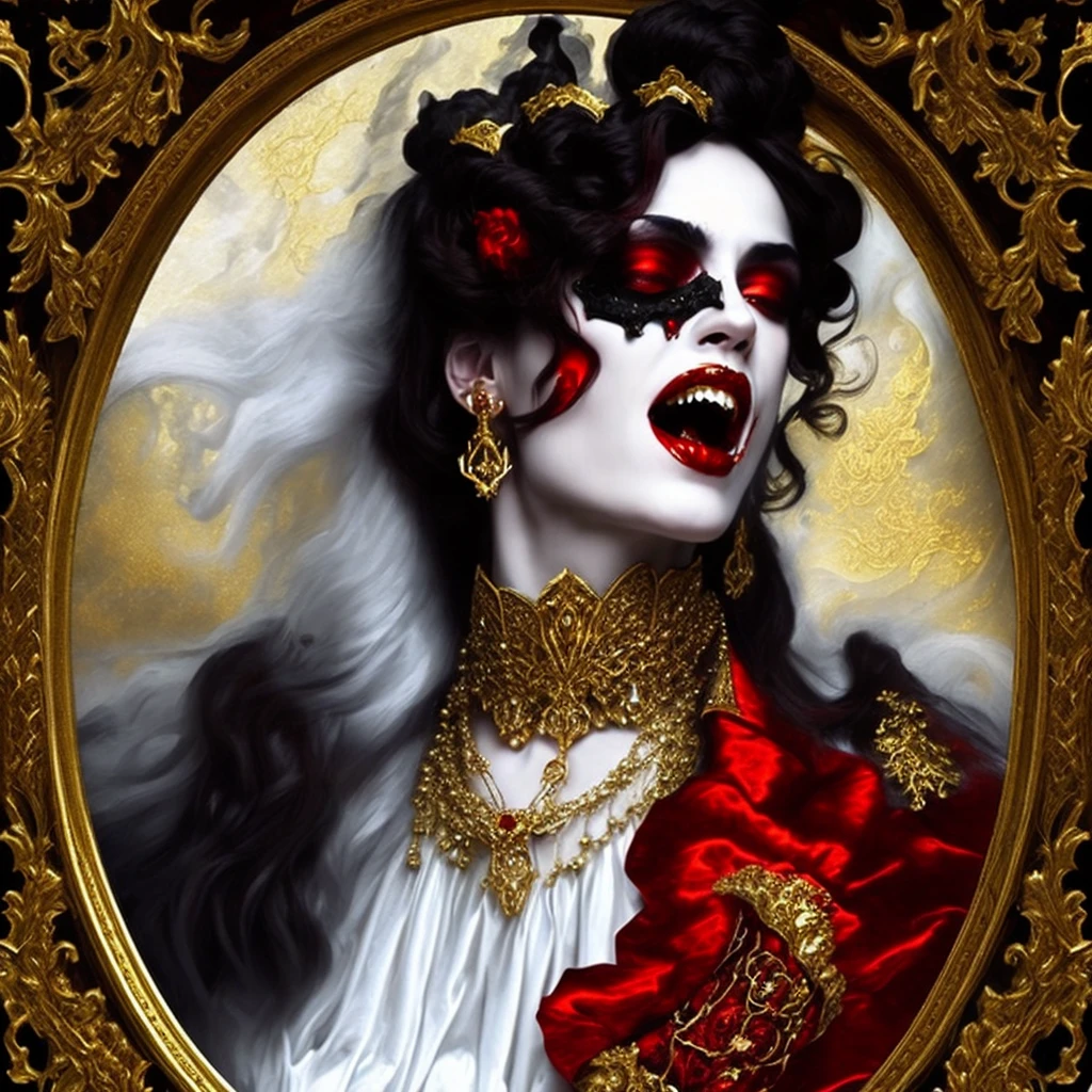 A vampiric ghost crying red tears, gothic rococo fashion, white and gold, rococo underworld, terror horror art style