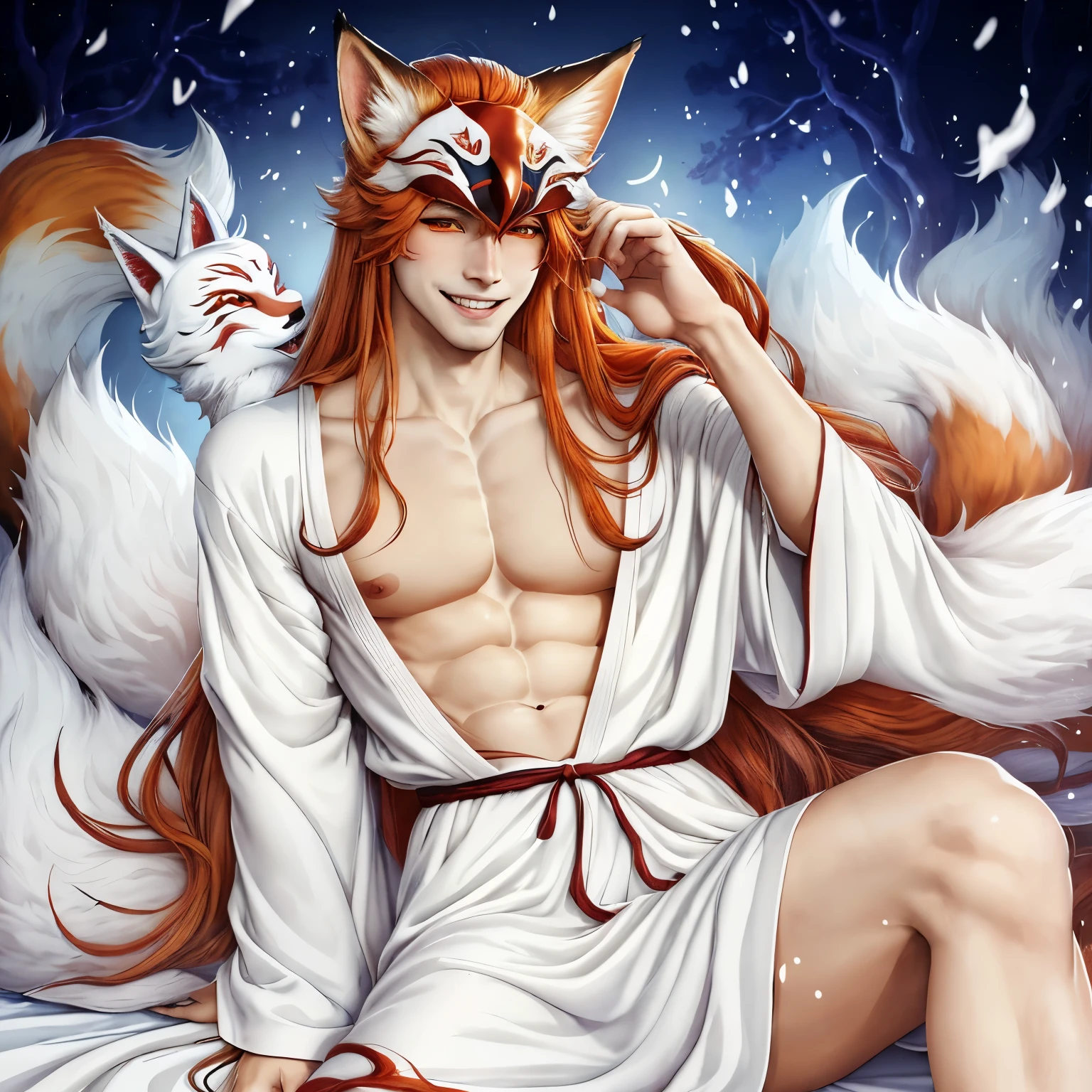 handsome kitsune young man, long caramel hair, fangs, fox ears, fox tail, kitsune mask, white robe, cunning smile