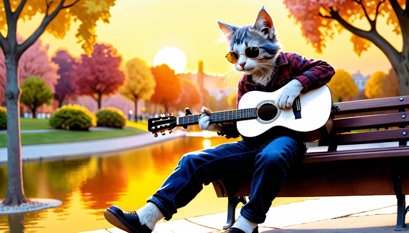 (photo film style), anthropomorphic, cute kitten, playing acoustic guitar, park bench, sunset, relaxing, enjoying music, wearing casual clothes, 2D, colorful, warm atmosphere, shiny, Jean-Baptiste Monge style, Alan Lee style