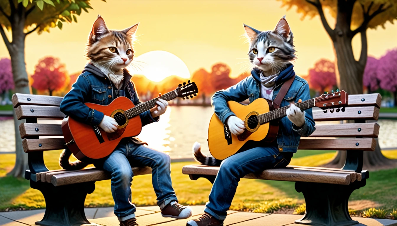 (photo film style), anthropomorphic, cute kitten, playing acoustic guitar, park bench, sunset, relaxing, enjoying music, wearing casual clothes, 2D, colorful, warm atmosphere, shiny, Jean-Baptiste Monge style, Alan Lee style