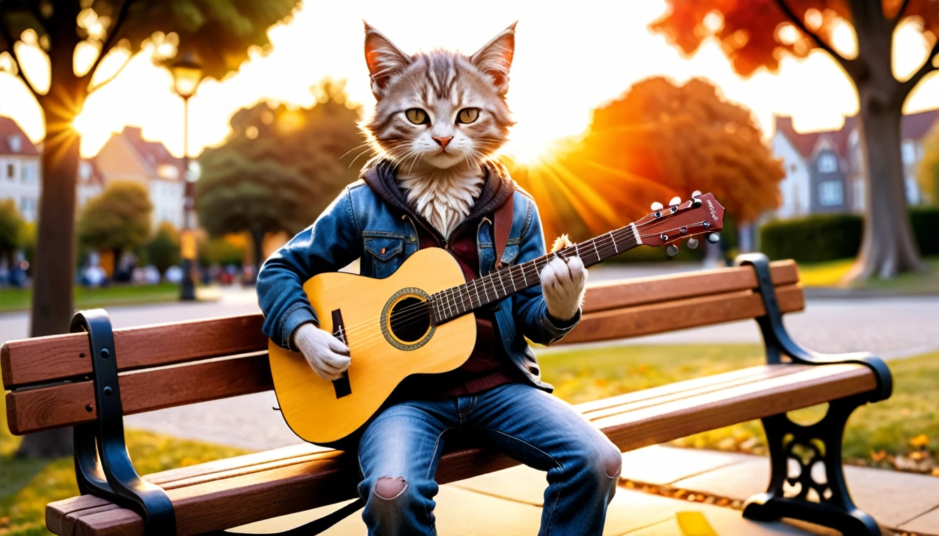 (photo film style), anthropomorphic, cute kitten, playing acoustic guitar, park bench, sunset, relaxing, enjoying music, wearing casual clothes, 2D, colorful, warm atmosphere, shiny, Jean-Baptiste Monge style, Alan Lee style