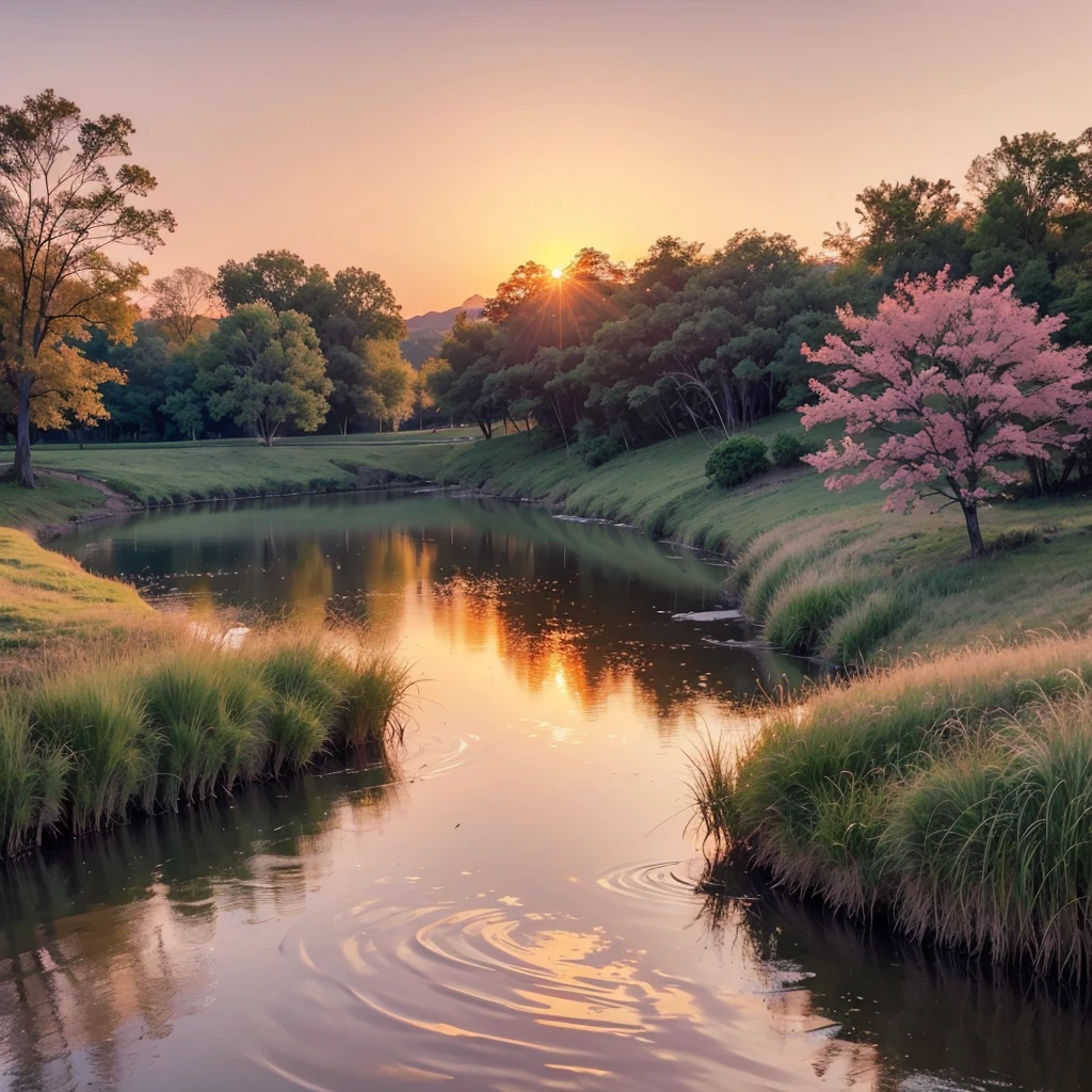 peaceful sunset scene: The sun sets on a river, Paint the sky in warm tones of pink and orange. Tall grass swayed by the water's edge, a man standing on a rock,Face away from the camera, wearing a baseball cap,Black baseball cap,,Silhouette of a man,