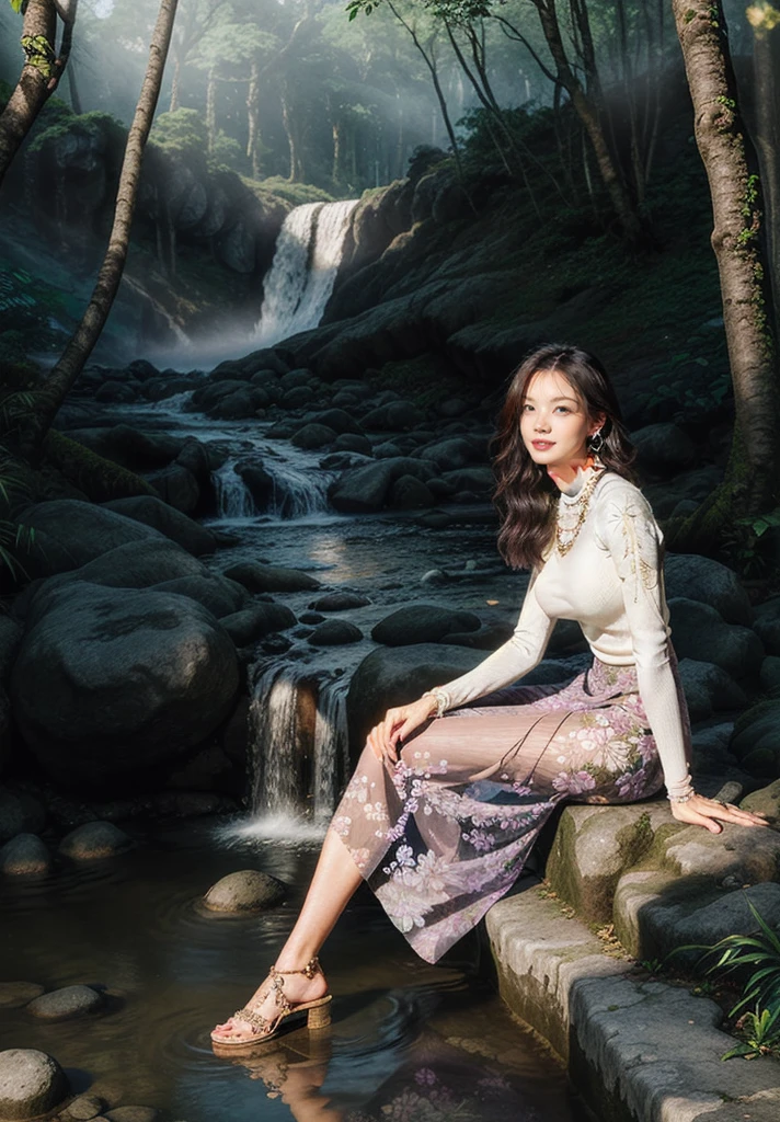 1girl,posture model,(portrait of a full body:1), sitting, book,slg,forest,waterfall, river,path,
(stochastic angle, stochastic pose,stochastic action),
luxury, jewelry, ornate, necklace, bracelet, hairpin,embroidery, (see-through Cream turtleneck, floral maxi skirt:1) 