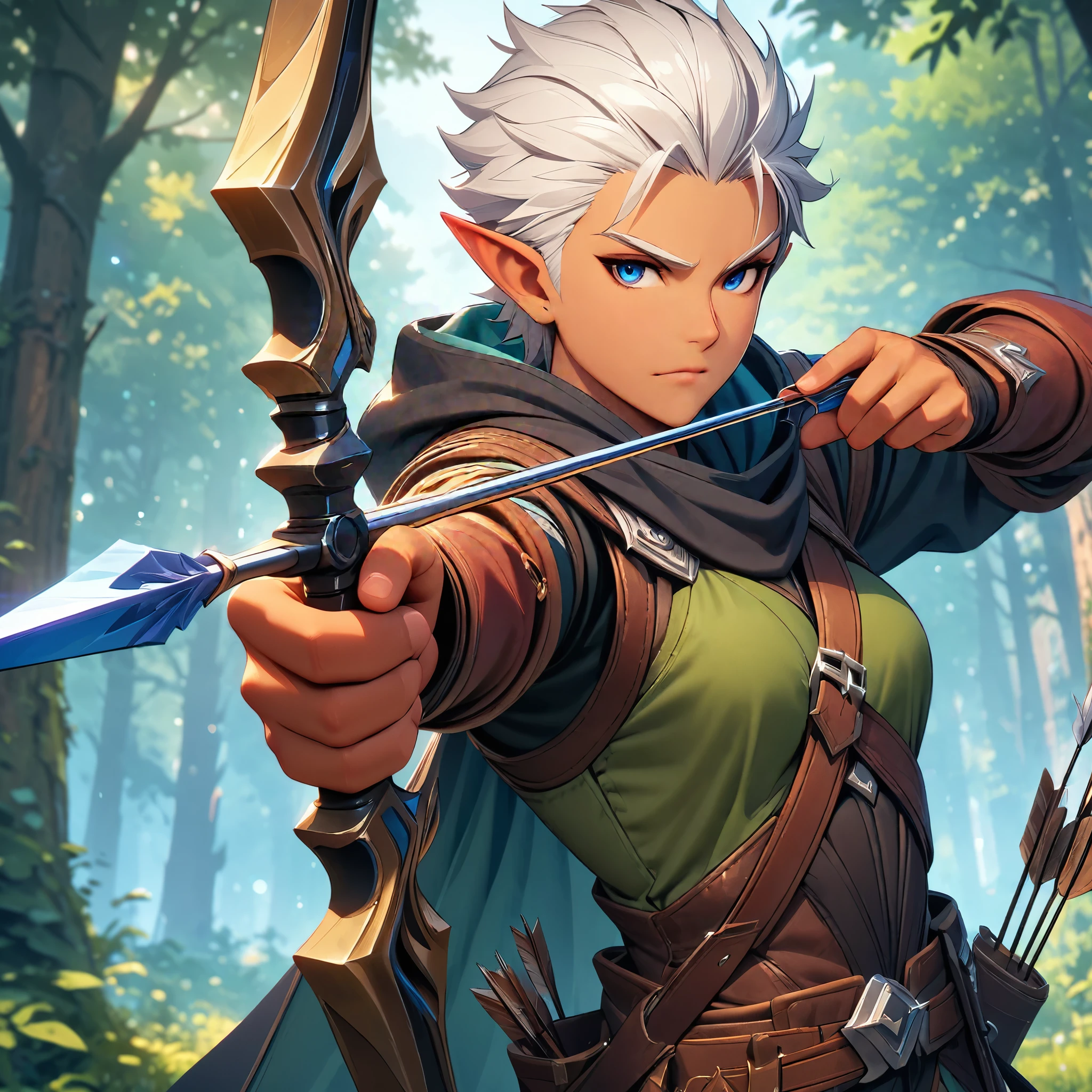 (Ashe: Archer,Characters appearing in League of Legends,female elf hunter),nordic forest background,black hooded cloak,Eyes aiming at prey,(bow \(weapon\), arrow \(projectile\), holding bow \(weapon\), aiming, holding arrow, drawing bow,),structurally correct,(masterpiece:1.3),(highest quality:1.4),(ultra detailed:1.5),High resolution,extremely detailed,unity 8k wallpaper,anatomically correct,perfect anatomy,rich colors,Calm color scheme,Carefully depicting a beautiful Nordic forest,walk among the trees