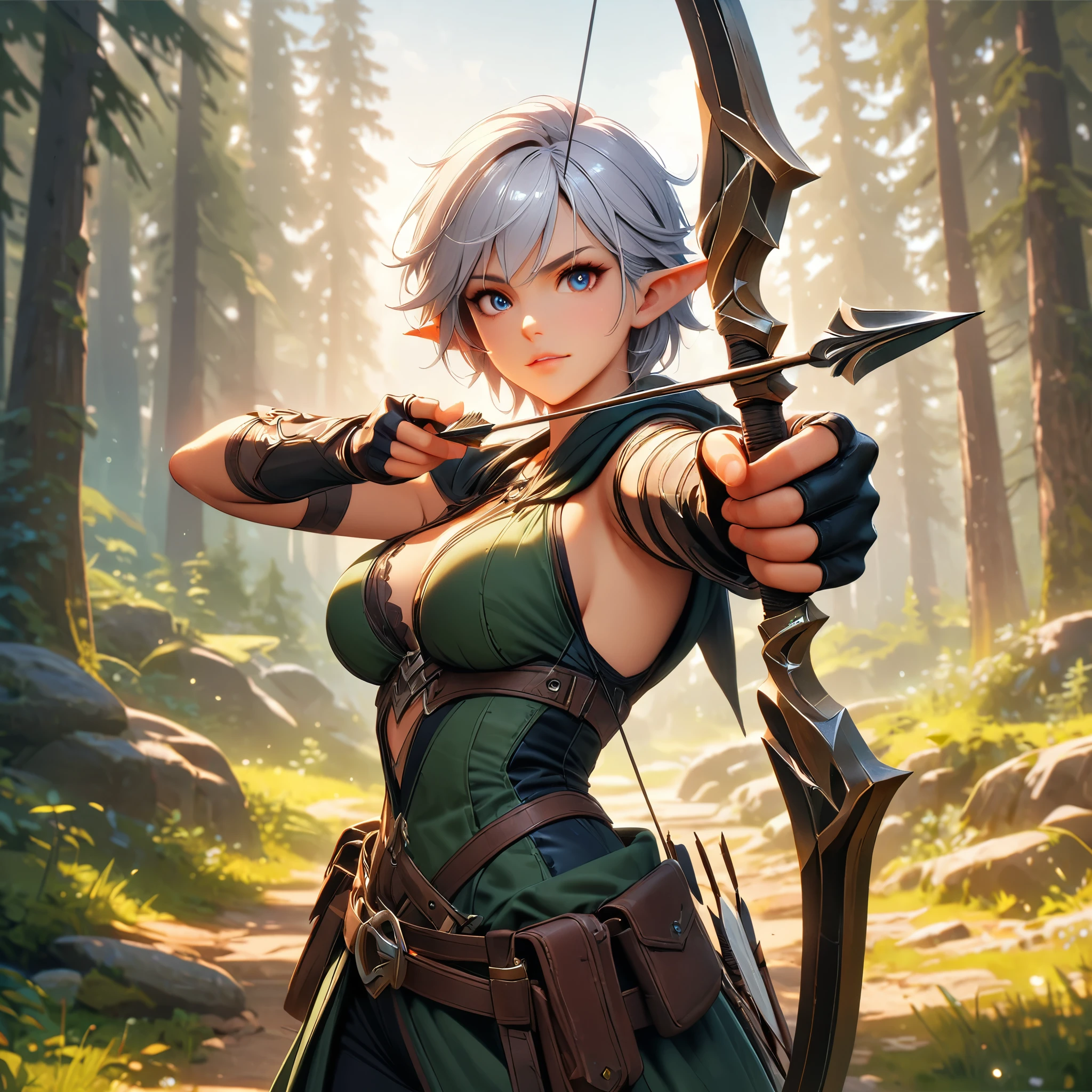 (Ashe: Archer,Characters appearing in League of Legends,female elf hunter),nordic forest background,black hooded cloak,Eyes aiming at prey,(bow \(weapon\), arrow \(projectile\), holding bow \(weapon\), aiming, holding arrow, drawing bow,),structurally correct,(masterpiece:1.3),(highest quality:1.4),(ultra detailed:1.5),High resolution,extremely detailed,unity 8k wallpaper,anatomically correct,perfect anatomy,rich colors,Calm color scheme,Carefully depicting a beautiful Nordic forest,walk among the trees