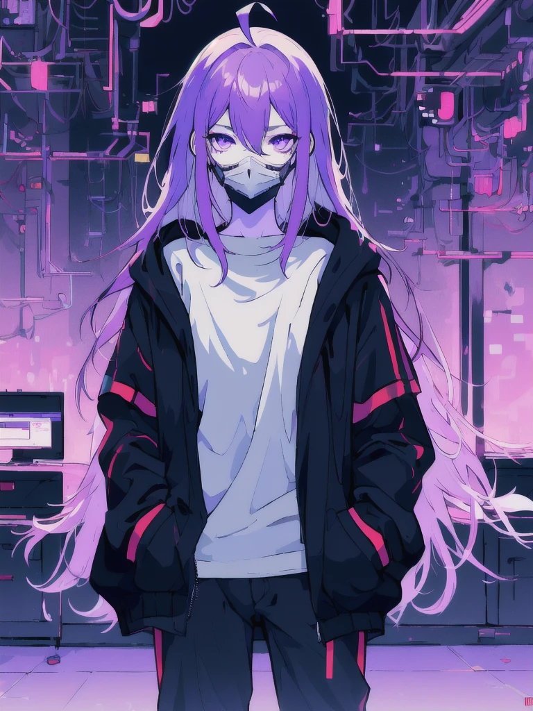 ((masterpiece)), (best quality), ((highres)), 4K, Detailed, (Ambient Light, Digital Art, Soft Lighting, extremely detailed 8K wallpaper:1.2), BREAK 1girl, solo, pale skin, violet eyes, violet hair, ahoge, (absurdly long hair:1.1), flat chest, cyberpunk scenery, black jacket, pants, shirt, night, hand in pocket, looking at viewer, hair between eyes, expressionless, rtx, neon light, black medical mask