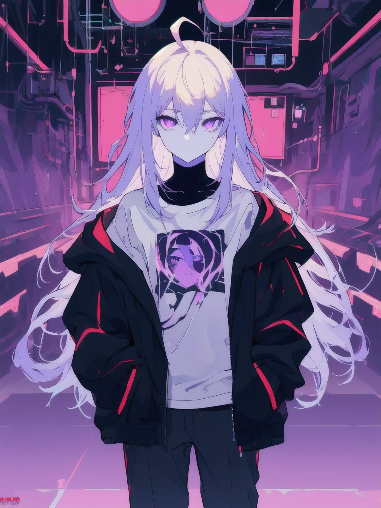 ((masterpiece)), (best quality), ((highres)), 4K, Detailed, (Ambient Light, Digital Art, Soft Lighting, extremely detailed 8K wallpaper:1.2), BREAK 1girl, solo, pale skin, violet eyes, violet hair, ahoge, (absurdly long hair:1.1), flat chest, cyberpunk scenery, black jacket, pants, shirt, night, hand in pocket, looking at viewer, hair between eyes, expressionless, rtx, neon light, black medical mask