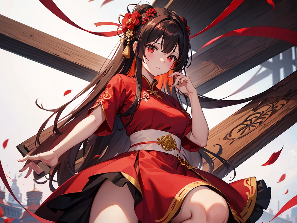 Anime girl in a red and black dress with a red flower in her hair, Jessica, artwork in the style of Gwaiz, Gwaiz, Chinese Girl, Trending on cgstation, Cute anime waifu in a nice dress, Gwaiz on pixiv artstation, palace ， Girl in Hanfu, Beautiful digital art, Gwaiz on artstation pixiv