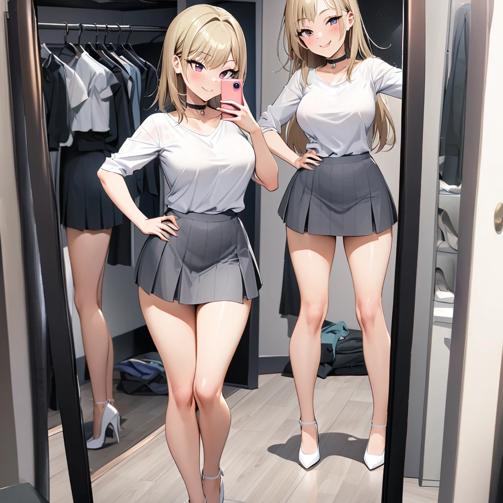 marin kitagawa,closet,trying different clothes,a lot of clothing,looking at herself in mirror,white heels, large breasts , fullbody, perfect body,white shirt, gray skirt,smiling,make selfie in mirror,choker,hand on hip,standing in sexy pose,1female, dildo on background, anal beads on background,latex clothes on background,gag on background