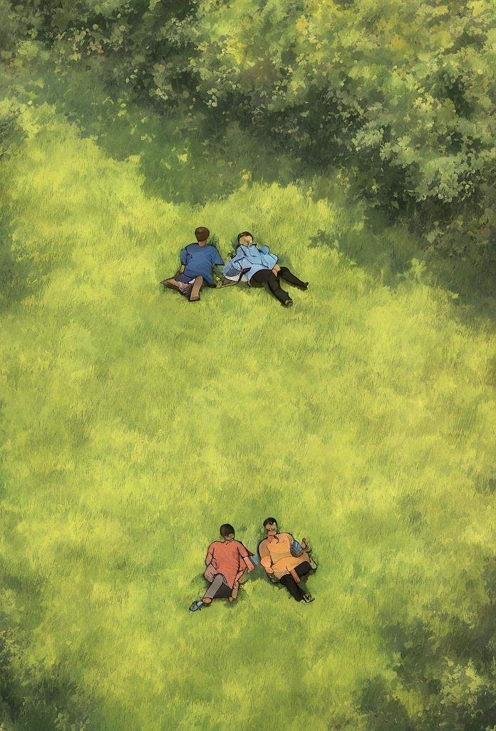 The image depicts two people lying on the grass. The person on the left is wearing a blue shirt and has brown hair, while the person on the right is wearing an orange shirt and has black hair. Both have headphones connected to smartphones. The person on the right is holding their head with their hands, possibly indicating relaxation or enjoyment of the music. The background is mainly composed of green grass, with a subtle texture that suggests it is an illustration rather than a photograph