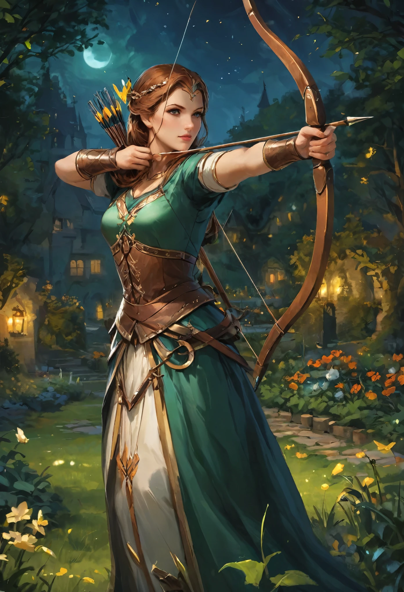 best quality, High target_solve, clearly_image, Detailed background ,1 Archer Woman, garden, night,Hook of Holland, Wide-angle lens, crown,