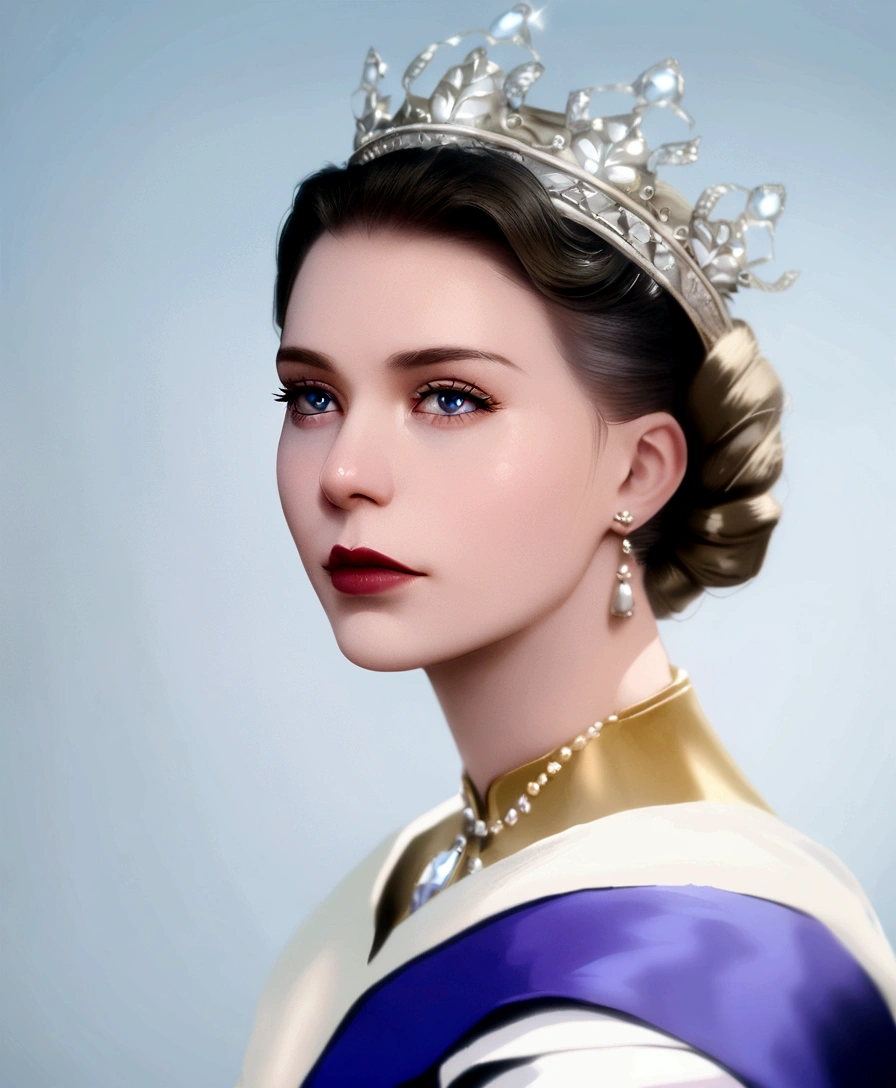 Queen elizabetz ii, hyper realistick, face detail, gold uniform