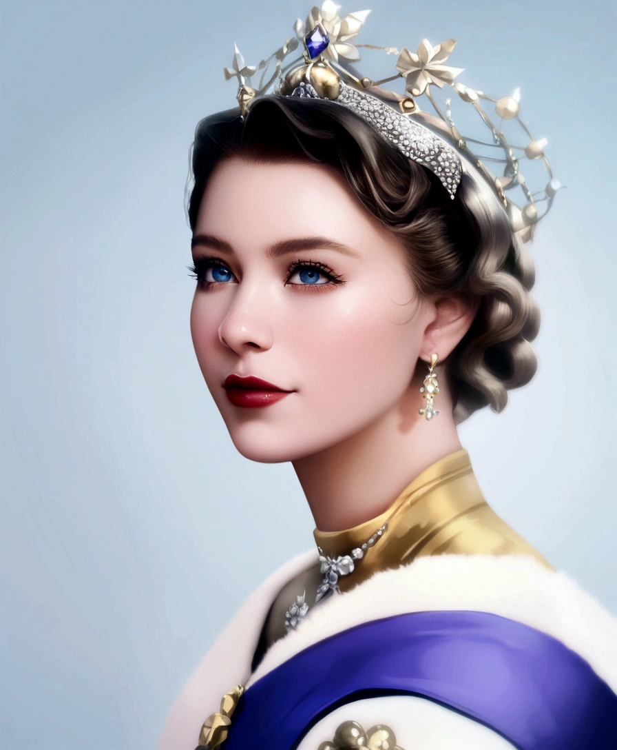 Queen elizabetz ii, hyper realistick, face detail, gold uniform