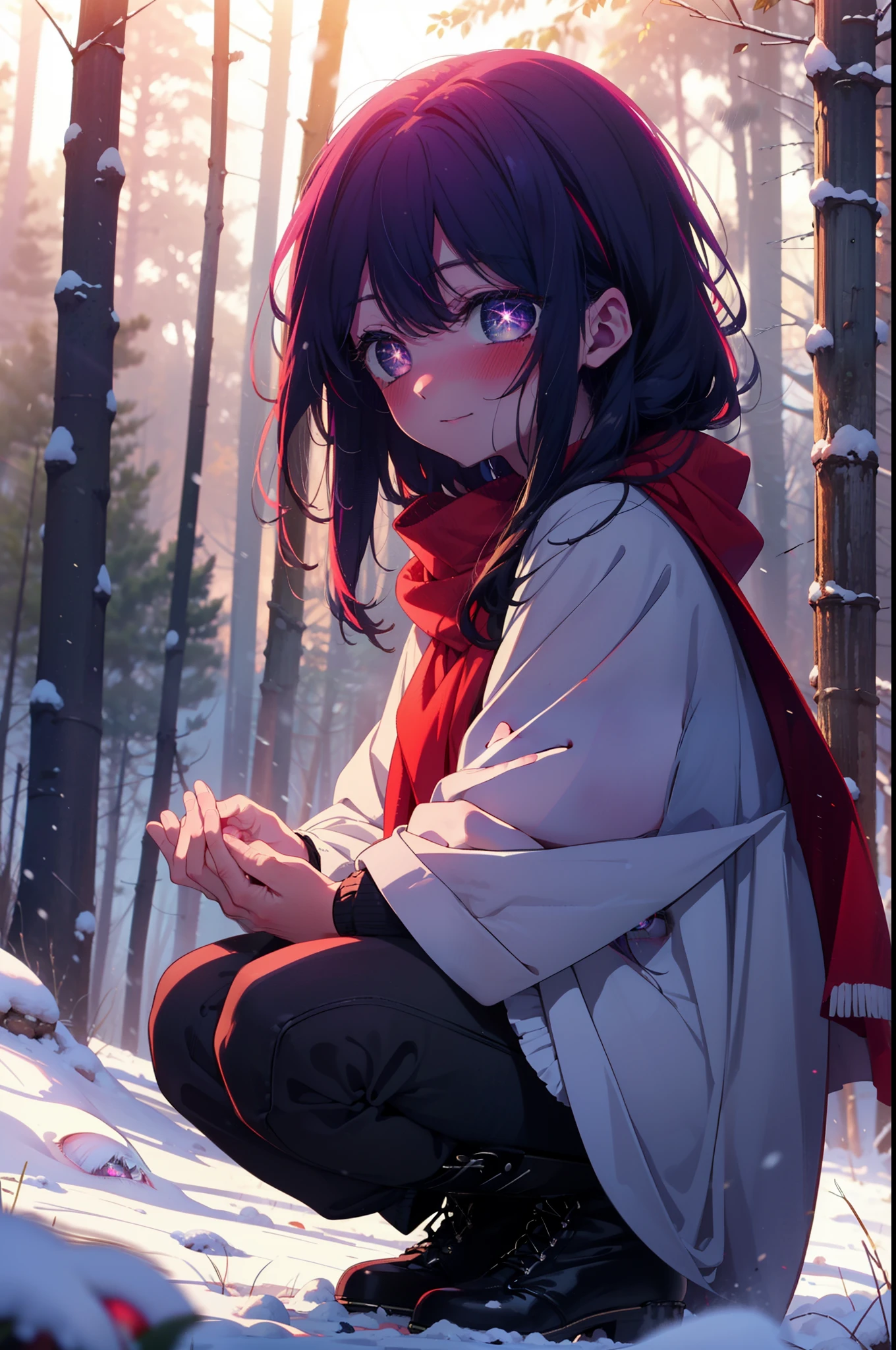 aihoshino, Ai Hoshino, Long Hair, bangs, (Purple eyes:1.1), Purple Hair, (Symbol-shaped pupil:1.5), smile,,smile,blush,White Breath,
Open your mouth,snow,Ground bonfire, Outdoor, boots, snowing, From the side, wood, suitcase, Cape, Blurred, , forest, White handbag, nature, Squat, Mouth closed, Cape, winter, Written boundary depth, Black shoes, red Cape break looking at viewer, Upper Body, whole body, break Outdoor, forest, nature, break (masterpiece:1.2), Highest quality, High resolution, unity 8k wallpaper, (shape:0.8), (Beautiful and beautiful eyes:1.6), Highly detailed face, Perfect lighting, Highly detailed CG, (Perfect hands, Perfect Anatomy),