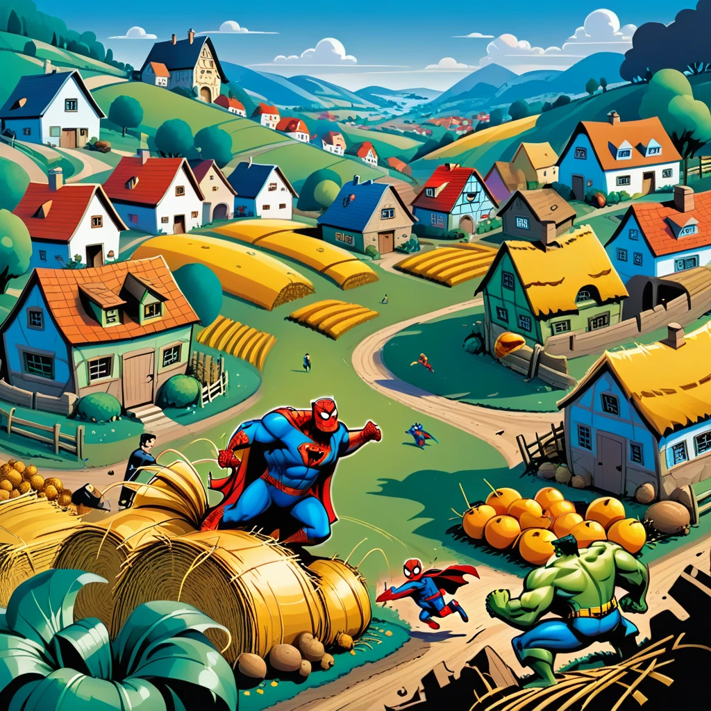 Wimmelbuch style image, illustration for a children's magazine, bright colors, clear outlines, cartographic image of a cartoon village with many houses and village attributes, countryside, Spiderman and Superman harvesting hay, Hulk and Shrek digging potatoes, Batman watching, clear, detailed,  difficult