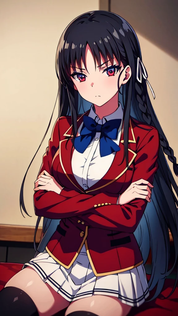 (masterpiece:1.3), (best quality:1.1), (8k, ultra detailed, ultra high res:1.2), ((anime style)), perfect 5 fingers, perfect anatomy, 1girl, 
BREAK long hair, braid, black hair, red eyes, (focus detailed eyes:1.2), blue bow, BREAK [medium breasts], red jacket, long sleeves, white skirt, pleated skirt, black thigh-high socks, looking at viewer, cowboy shot, BREAK straddling a chair, on the chair, 