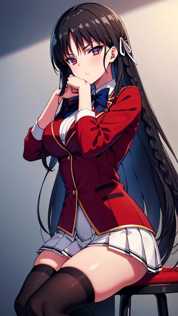 (masterpiece:1.3), (best quality:1.1), (8k, ultra detailed, ultra high res:1.2), ((anime style)), perfect 5 fingers, perfect anatomy, 1girl, 
BREAK long hair, braid, black hair, red eyes, (focus detailed eyes:1.2), blue bow, BREAK [medium breasts], red jacket, long sleeves, white skirt, pleated skirt, black thigh-high socks, looking at viewer, cowboy shot, BREAK straddling a chair, on the chair, 