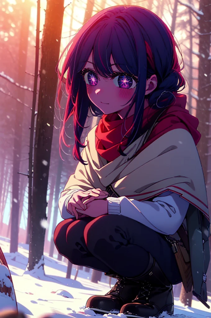 aihoshino, Ai Hoshino, Long Hair, bangs, (Purple eyes:1.1), Purple Hair, (Symbol-shaped pupil:1.5), smile,,smile,blush,White Breath,
Open your mouth,snow,Ground bonfire, Outdoor, boots, snowing, From the side, wood, suitcase, Cape, Blurred, , forest, White handbag, nature,  Squat, Mouth closed, Cape, winter, Written boundary depth, Black shoes, red Cape break looking at viewer, Upper Body, whole body, break Outdoor, forest, nature, break (masterpiece:1.2), Highest quality, High resolution, unity 8k wallpaper, (shape:0.8), (Beautiful and beautiful eyes:1.6), Highly detailed face, Perfect lighting, Highly detailed CG, (Perfect hands, Perfect Anatomy),