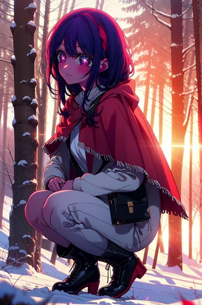 aihoshino, Ai Hoshino, Long Hair, bangs, (Purple eyes:1.1), Purple Hair, (Symbol-shaped pupil:1.5), smile,,smile,blush,White Breath,
Open your mouth,snow,Ground bonfire, Outdoor, boots, snowing, From the side, wood, suitcase, Cape, Blurred, , forest, White handbag, nature,  Squat, Mouth closed, Cape, winter, Written boundary depth, Black shoes, red Cape break looking at viewer, Upper Body, whole body, break Outdoor, forest, nature, break (masterpiece:1.2), Highest quality, High resolution, unity 8k wallpaper, (shape:0.8), (Beautiful and beautiful eyes:1.6), Highly detailed face, Perfect lighting, Extremely detailed CG, (Perfect hands, Perfect Anatomy),