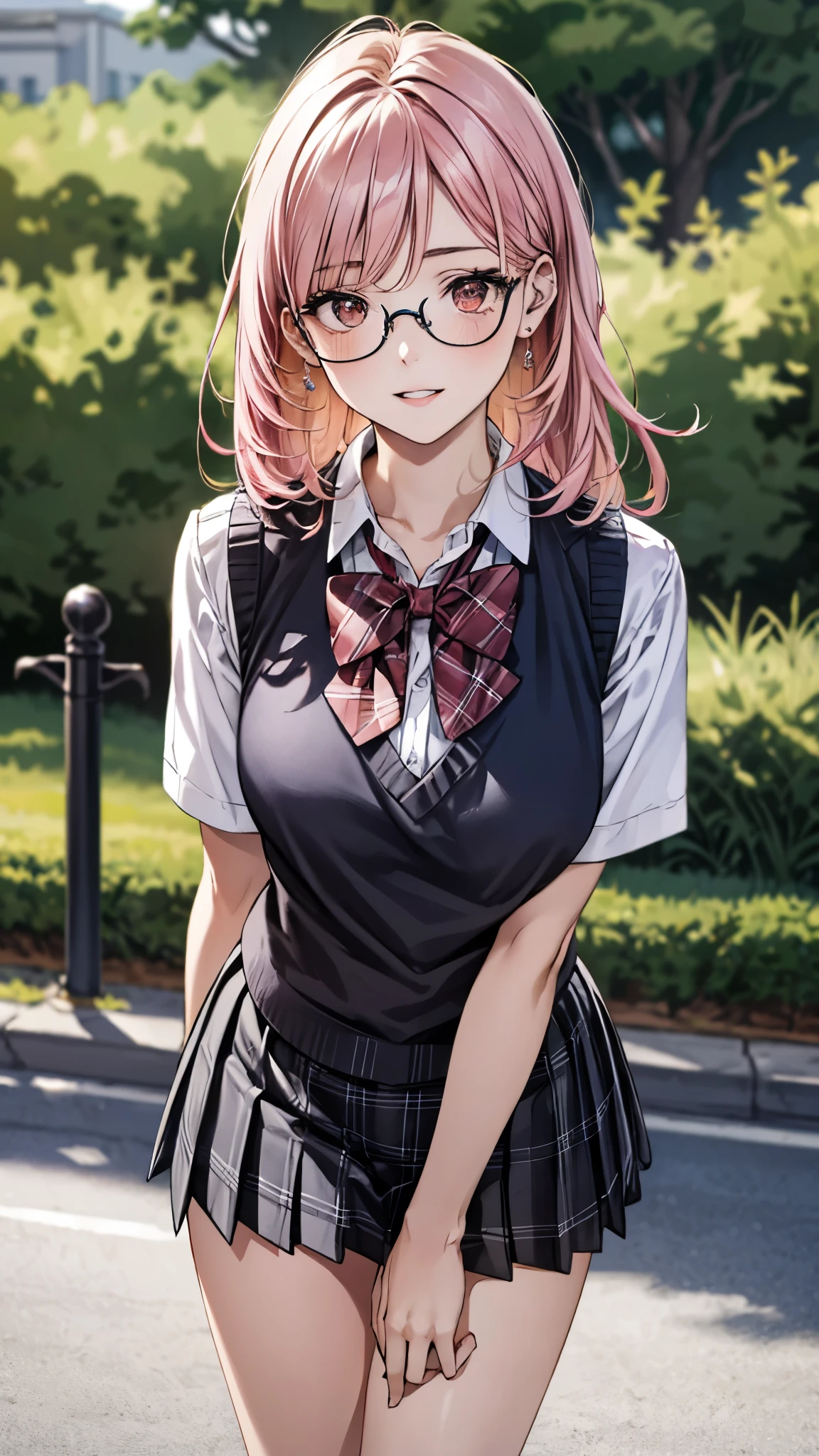 (masterpiece:1.3, top-quality, ultra high res, ultra detailed), (realistic, photorealistic:1.4), beautiful illustration, perfect lighting, natural lighting, colorful, depth of fields, surrealism,
beautiful detailed hair, beautiful detailed face, beautiful detailed eyes, beautiful clavicle, beautiful body, beautiful chest, beautiful thigh, beautiful legs, beautiful fingers, shiny skin,
looking at viewer, 1 girl, japanese, high school girl, (perfect anatomy, anatomically correct, super detailed skin), cute and symmetrical face, babyface, perfect face, perfect eyes,
(middle hair, half updo, pink hair), parted bangs, brown eyes, big eyes, drooping eyes, round glasses, long eyelashes, (medium breasts, seductive thighs), slender, outstanding style,
((detailed cloth texture, break,break, white collared shirt, break,break, light brown knit vest, break,break, grey plaid pleated skirt, break,break, red bow tie), break,break, white socks, black loafer),
(beautiful scenery), evening, (park), standing, leaning forward, (arms behind back), (lovely smile, parted lips),