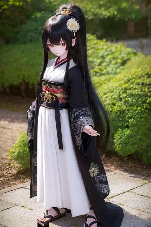 (SFW:2), photorealistic, realistic photo, ((highest quality)), ((masterpiece)), (extremely detailed), kukolnydom, doll, (mature woman, 22yo, 22 years old:1.6), solo, ((full body, standing, skinny, slender, slim)), kimono, green eyes, parted lips, (black hair, long hair, looking at another, blank eyes, empty eyes, detailed eyes:1.3), hair ornament, tabi, geta, Japanese garden, 8k