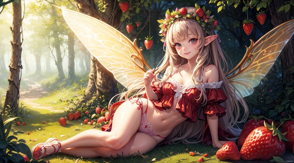 ( Absurd, High quality, ultra-detailed, masterpiece, concept art, smooth, highly detailed artwork, hyper-realistic painting ) , tiny , strawberry girl, Strawberries, cute, whole body, Romantic, Vivid, dreamy, fantasy, fairy wings, in the forest, enchanting glow, very detailed art, reveal clothes, sexy lace underwear, playful, mischievous, smile