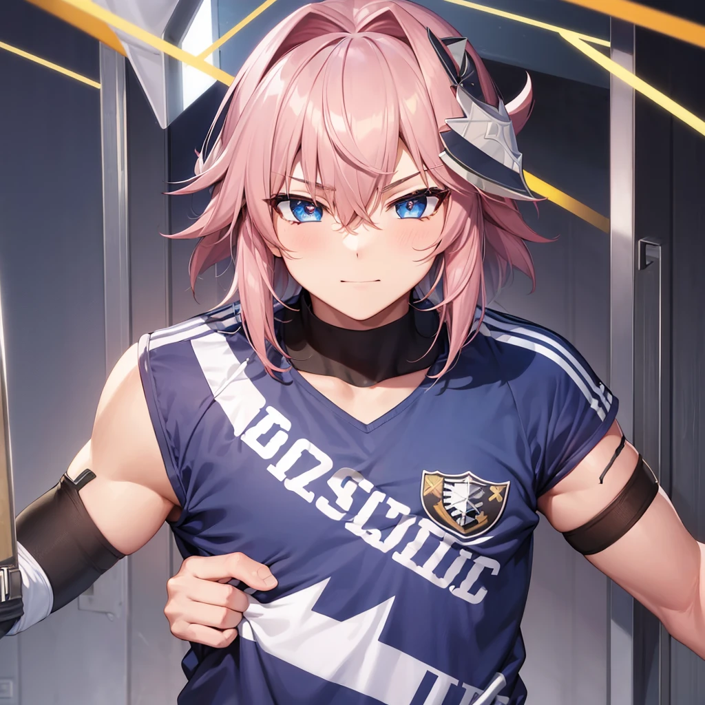 (1boy, masculine),(raider),football uniform, aquamarine eyes, soccer pitch, astolfo fate short hair