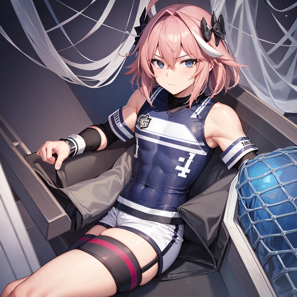 (1boy, masculine),(raider),football uniform, aquamarine eyes, soccer pitch, astolfo fate short hair