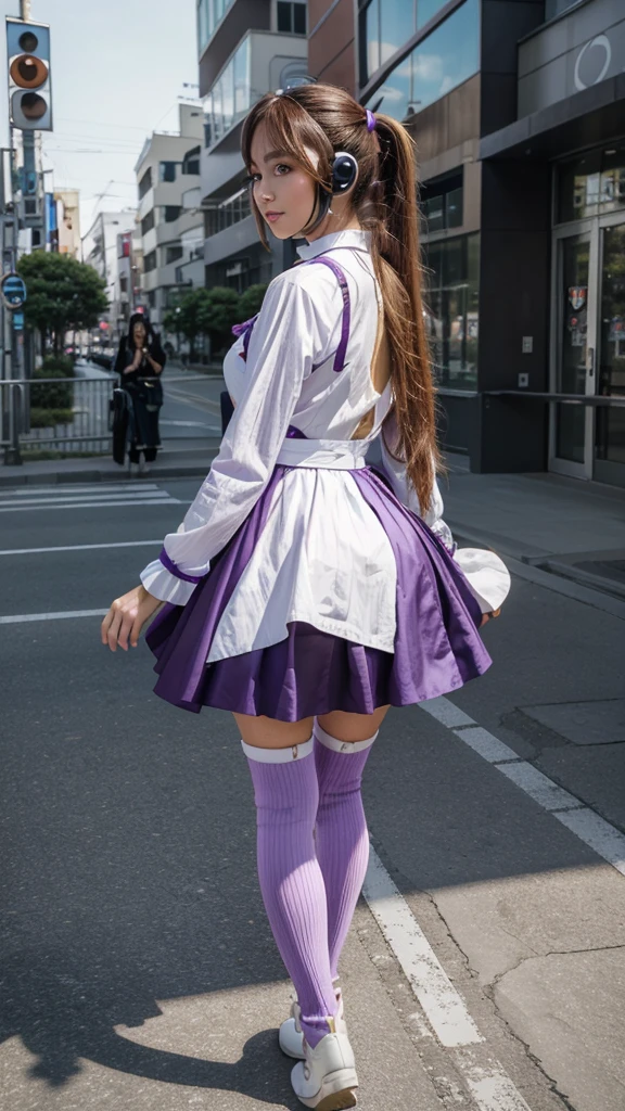 ((masterpiece, best quality))1girl, solo, fashion purple dress modern future, electric guitar, headphones, ponytail, holding, holding plectrum, instrument, very very long brown hair, music, one side up, teal hair, twin tails, playing guiter, pleated long skirt fashion, fashion cosplay japan dress modern purple and white, interior, full body, purple, sit down in retro classic chair, walking, jumping, beautiful boot modern, background japan city,  fashion costume cosplay japan modern, execited, dancing, jumping, running, fighting, having lunch