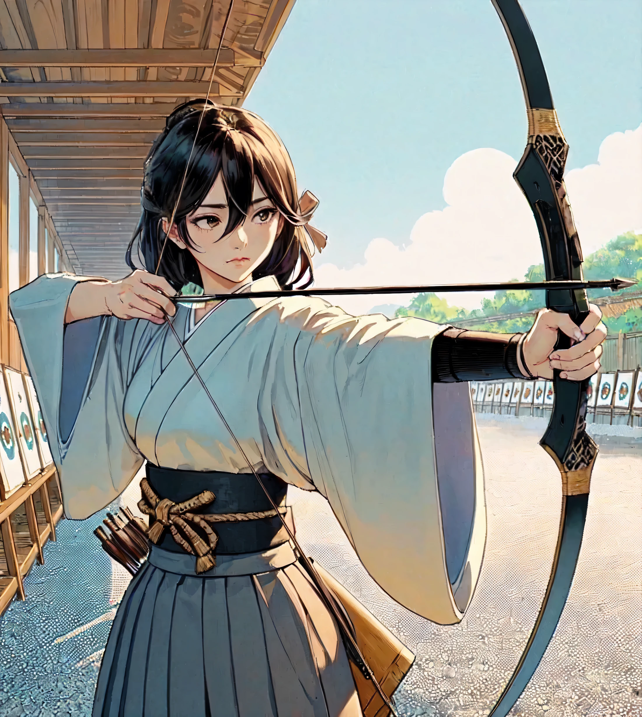 1lady standing, from side, (pulling bowstring to its limits) (holding simple black bow), (white kimono) (gray hakama), chest protecter, (mature female:0.8), /(black hair/) bangs, (light smile:0.4), dignified, facing away, (masterpiece best quality:1.2) delicate illustration ultra-detailed, medium breasts BREAK (serene archery dojo) outdoors, (floor filled with (gravel)), Kyudo, Japan, noon, detailed background