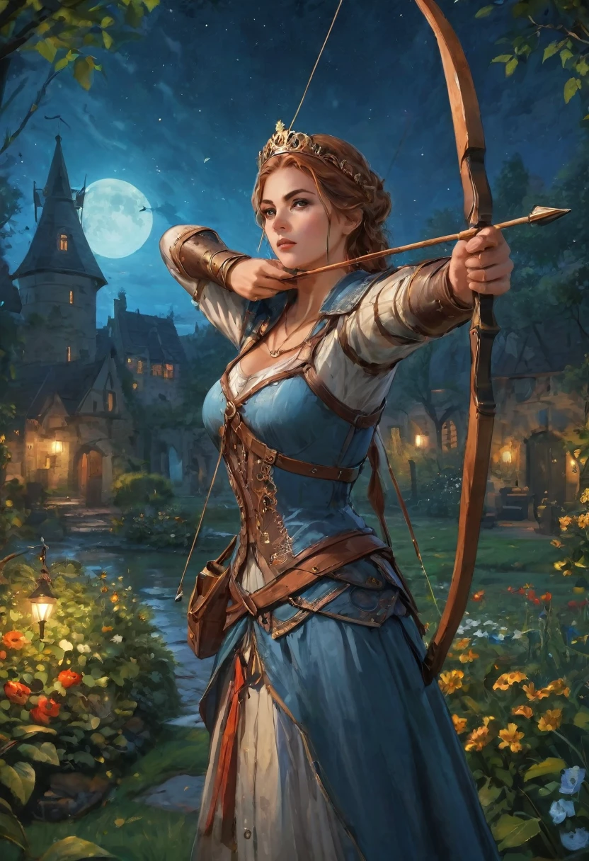 best quality, High target_solve, clearly_image, Detailed background ,1 Archer Woman, garden, night,Hook of Holland, Wide-angle lens, crown,