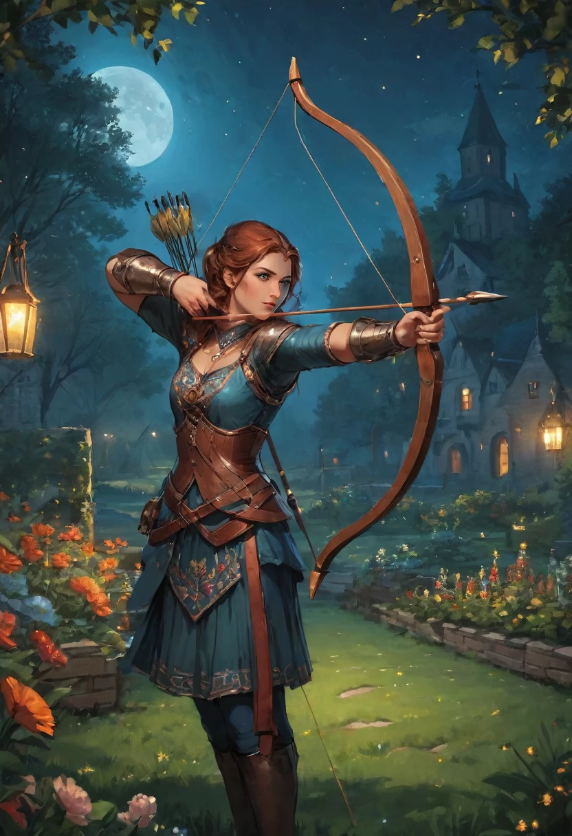 best quality, High target_solve, clearly_image, Detailed background ,1 Archer Woman, garden, night,Hook of Holland, Wide-angle lens, crown,