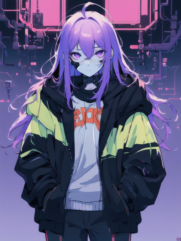 ((masterpiece)), (best quality), ((highres)), 4K, Detailed, (Ambient Light, Digital Art, Soft Lighting, extremely detailed 8K wallpaper:1.2), BREAK 1girl, solo, pale skin, violet eyes, violet hair, ahoge, (absurdly long hair:1.1), flat chest, cyberpunk scenery, black jacket, pants, shirt, night, hand in pocket, looking at viewer, hair between eyes, expressionless, rtx, neon light, black medical mask