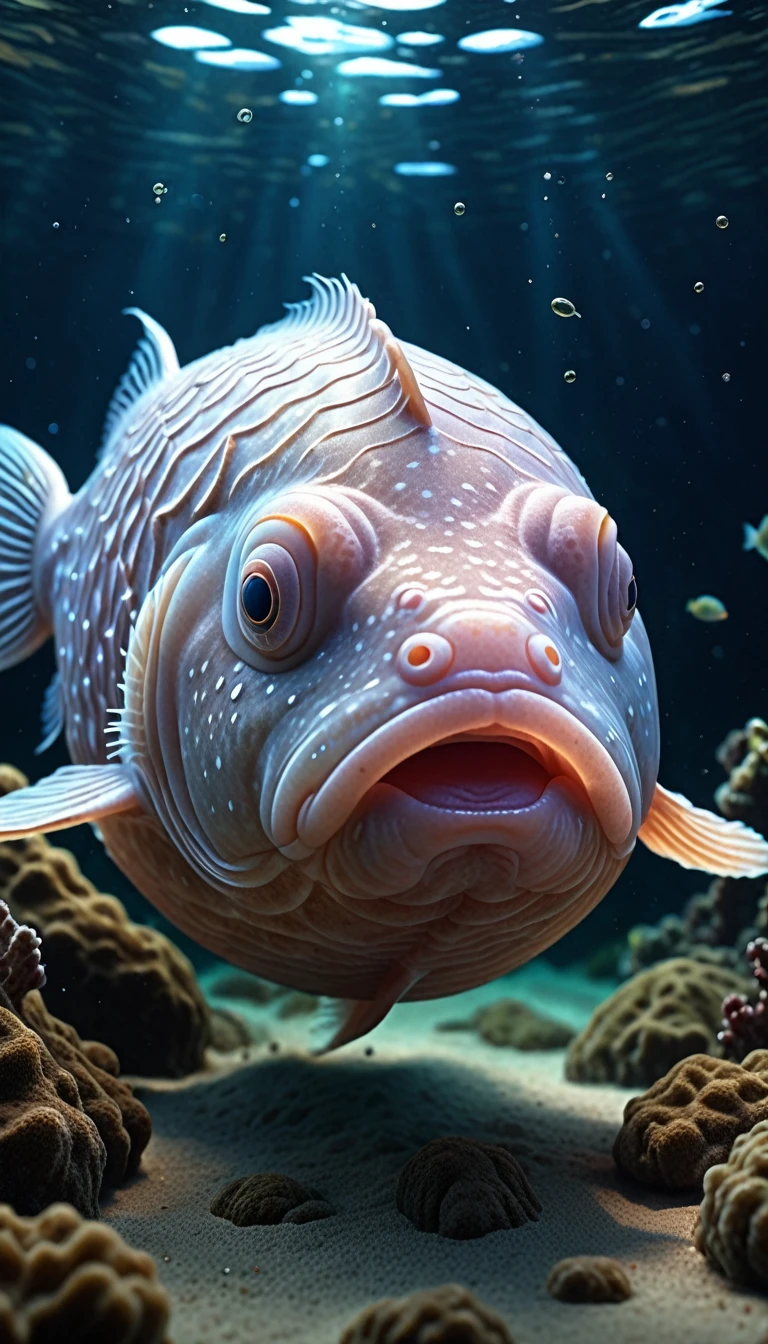 a highly detailed 4k blobfish, intricate pattern, photorealistic, fantasy creature, mysterious sea creature, realistic lighting, ultra detailed, lifelike, best quality, 8k, masterpiece