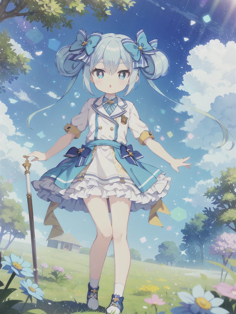 Masterpiece,high quality,high resolution,Detailed Background,Shining Eyes,Lens flare,Blue Hair, Twin tails, Hair between the eyes, 紫のhair bow, eyebrows visible through hair,1girl,Floating in the sky,grassland,Are standing,whole body