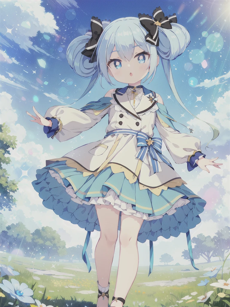 Masterpiece,high quality,high resolution,Detailed Background,Shining Eyes,Lens flare,Blue Hair, Twin tails, Hair between the eyes, 紫のhair bow, eyebrows visible through hair,1girl,Floating in the sky,grassland,Are standing,whole body