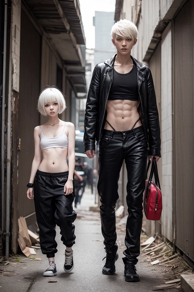 create me an image: estilo Chainsaw man, anime comics, albino girl with short hair and thin body, breast bandages and black baggy pants, bottom-up perspective.