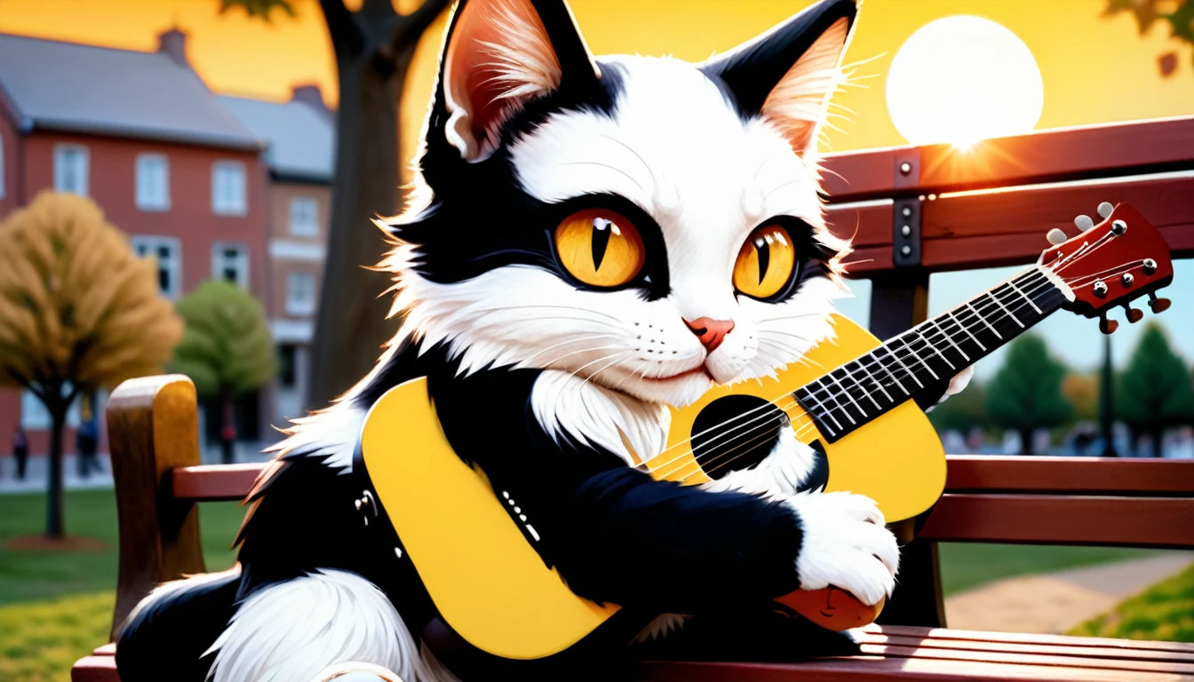 (photo film style), anthropomorphic, cute kitten, playing acoustic guitar, park bench, sunset, relaxing, enjoying music, wearing casual clothes, 2D, colorful, warm atmosphere, shiny, Jean-Baptiste Monge style, Alan Lee style