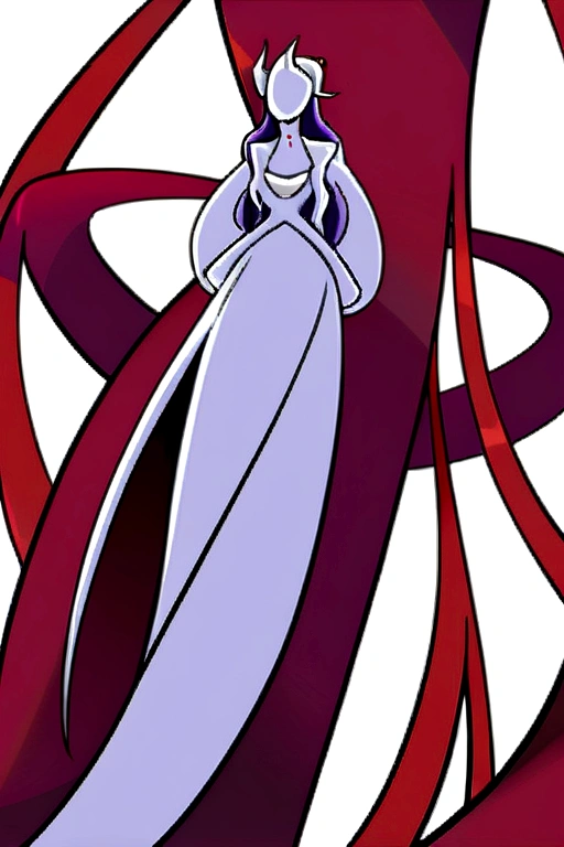 Anime, Black and red rough scaled 90 foot long Lamia girl with horns coiling a human 5'3 foot tall with with white dress..