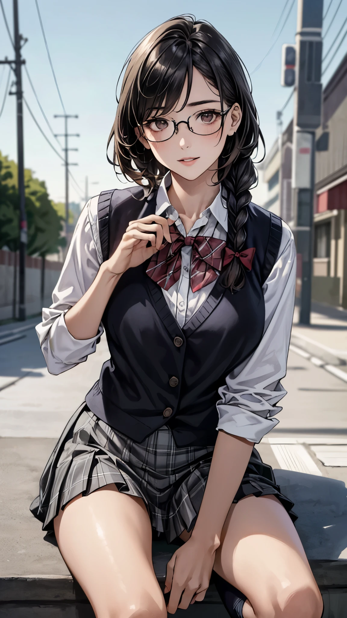 (masterpiece:1.3, top-quality, ultra high res, ultra detailed), (realistic, photorealistic:1.4), beautiful illustration, perfect lighting, natural lighting, colorful, depth of fields, surrealism,
beautiful detailed hair, beautiful detailed face, beautiful detailed eyes, beautiful clavicle, beautiful body, beautiful chest, beautiful thigh, beautiful legs, beautiful fingers, shiny skin,
looking at viewer, 1 girl, japanese, high school girl, (perfect anatomy, anatomically correct, super detailed skin), cute and symmetrical face, face, perfect face, perfect eyes,
(middle hair, twin braid, black hair), parted bangs, brown eyes, big eyes, drooping eyes, round glasses, long eyelashes, (medium breasts, seductive thighs), slender, outstanding style,
((detailed cloth texture, break,break, white collared shirt, break,break, light brown knit vest, break,break, grey plaid pleated skirt, break,break, red bow tie), break,break, white socks, black loafer),
(beautiful scenery), evening, (riverside), walking, (lovely smile, parted lips),