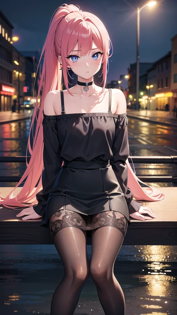 Masterpiece, top quality, best quality, official art, beautiful and aesthetic, anime, 1girl,extremely detailed, colorful, more detailed ((ultra-detailed)), (highly detailed CG illustration),Best Quality, High resolution, Unity 8k Wallpaper, (Illustration:0.8), (Beautiful detailed eyes:1.6), extra detailed face, Perfect Lighting, extremely details CG, (Perfect hands, Perfect Anatomy),city,street,night,wet road,reflections,lights,red long hair, cat ears,ponytail,blue eyes, barrette,black choker,earrings,skinny fit,medium breast,shoulders, small ass,white shirt,wet shirt,high-waist skirt, pantyhose,sitting at bench, in middle, looking in camera,cross legs.