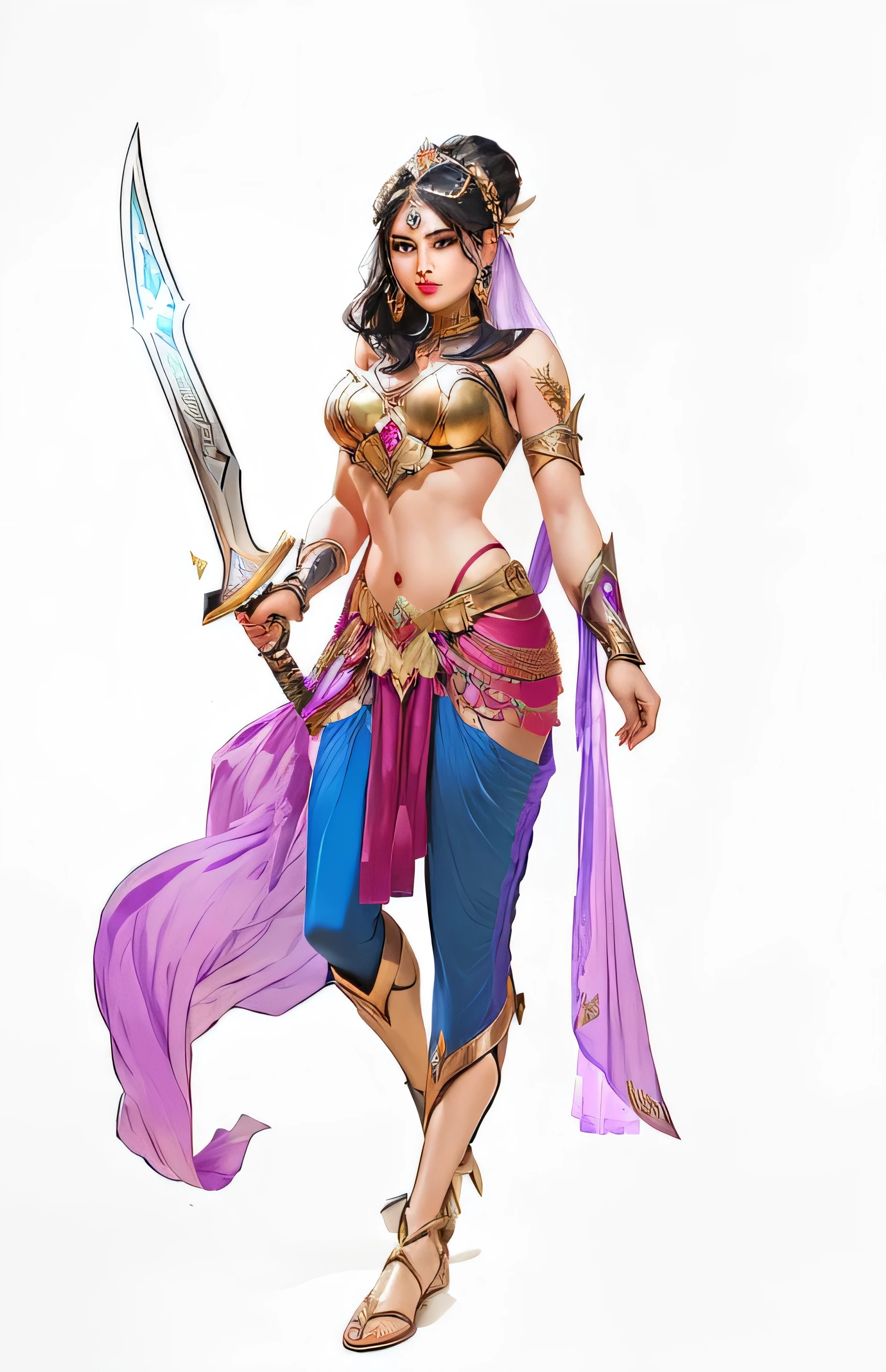 a woman in a costume with a sword and a purple dress, apsaras warrior, portrait of modern darna, persian warrior, snow white as a d & d fighter, complex fantasy character, a beautiful woman warrior, persian princess, comic character design, persian queen, she is holding a sword, fantasy d&d character, female warrior, valkyrie style character