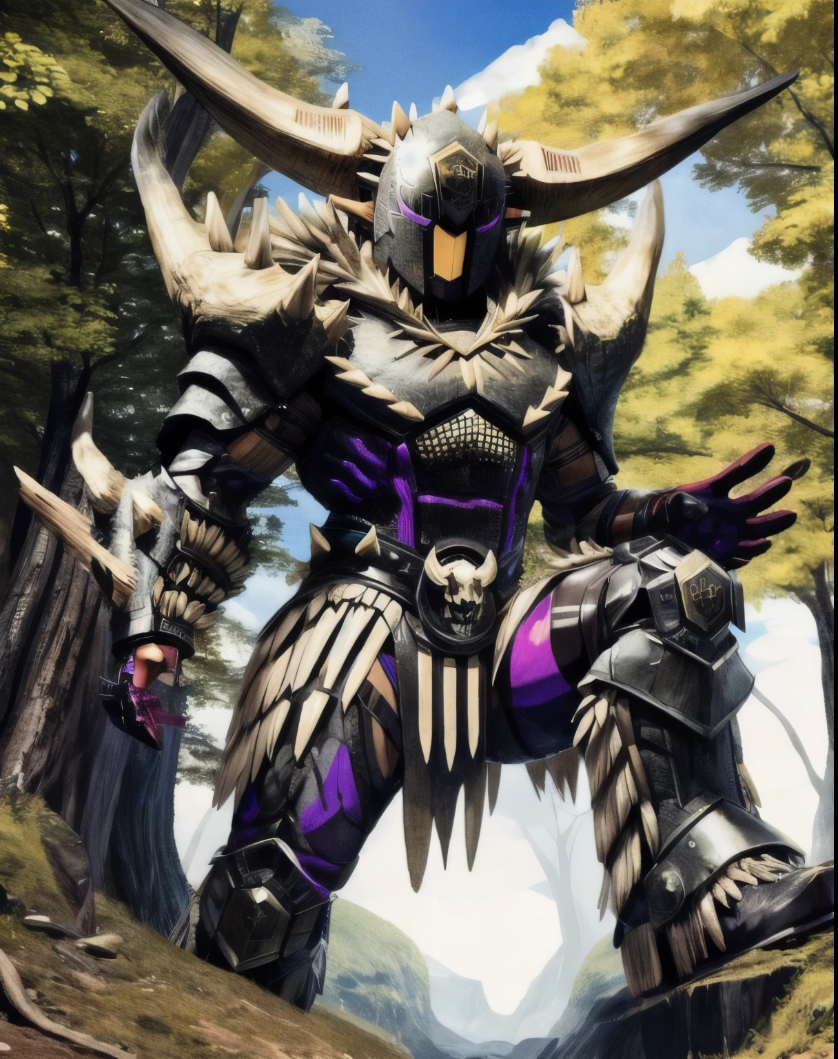character portrait of an,adult,(male:1.4),(human:1.2),(nergarmorm:1.3),thin,hi res,soft shading,good anatomy,cinematic lighting,by woolrool,crayon \(artist\),buta99,detailed background,outdoors,forest,standing,[[purple accents]],(tall horns:1.3),helmet,glowing eyes,purple eyes, macro, raising his leg about to stomp