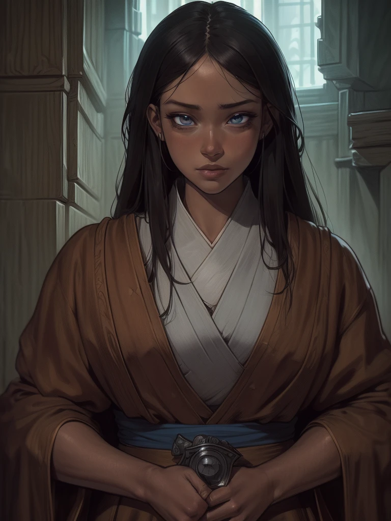 a young woman from the early 18th century based on ((Jenna Ortega)), dungeons and Dragons 5th edition fantasy illustration, intricate background, fantasy, | (8k, RAW photo, best quality, masterpiece:1.2), ultra-detailed, (high detailed skin:1.2), 8k uhd, dslr, soft lighting, high quality, ((upper body:1)), (centered:1.2), ((LOOKING at the VIEWER)), asura, film grain, highly detailed shading, ((perfect_hands):1), Goodhands-beta2, Detailed eyes, perfect face, perfect eyes, Detailed face ((a manga drawing by Kentaro Miura)),