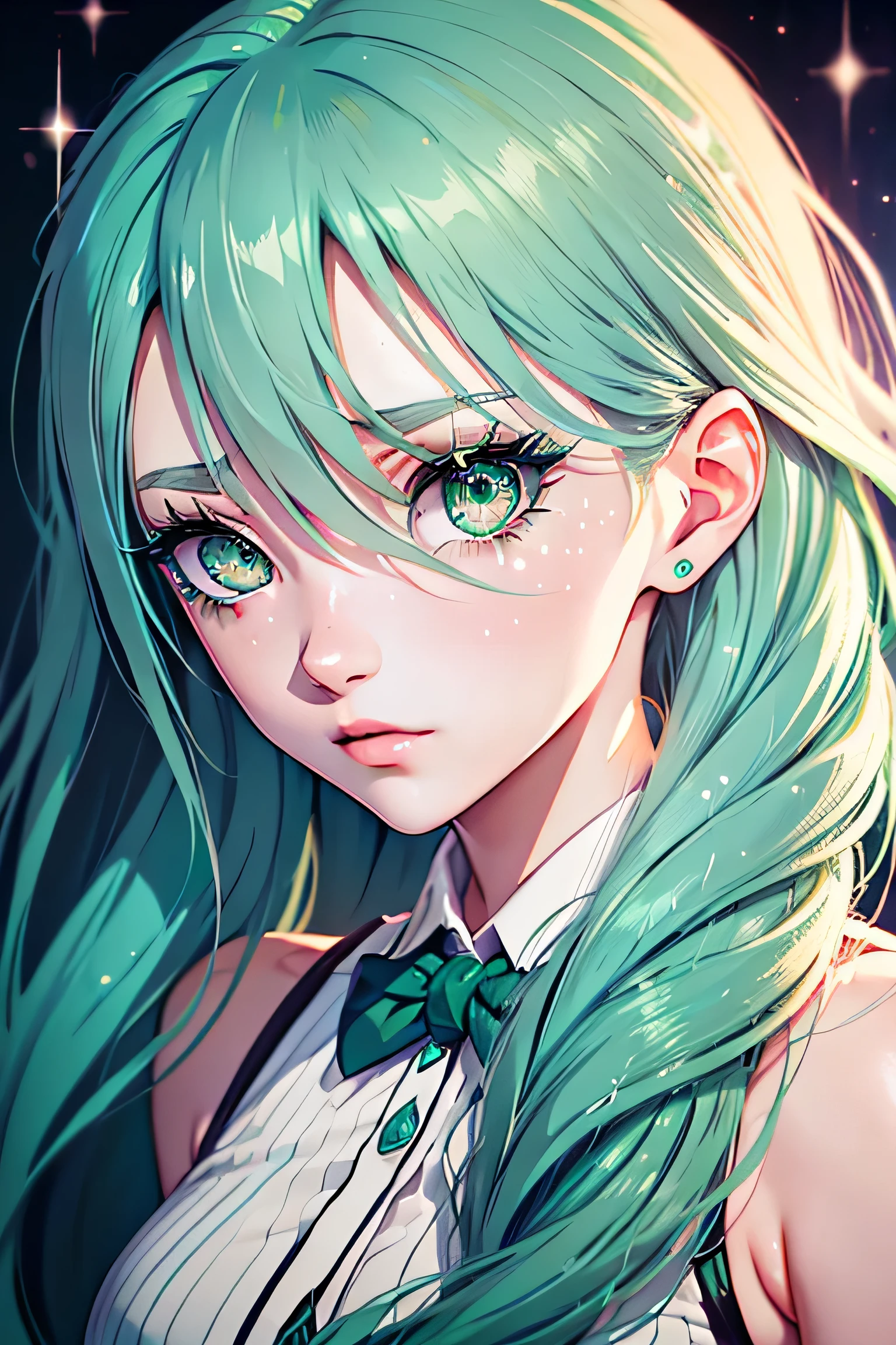 Seafoam green hair, long hair, hair strand, pupils sparkling, (((seafoam green eyelashes))), anime style, anime eyes, close up, sparkle, UHD, 8k, absurdres 