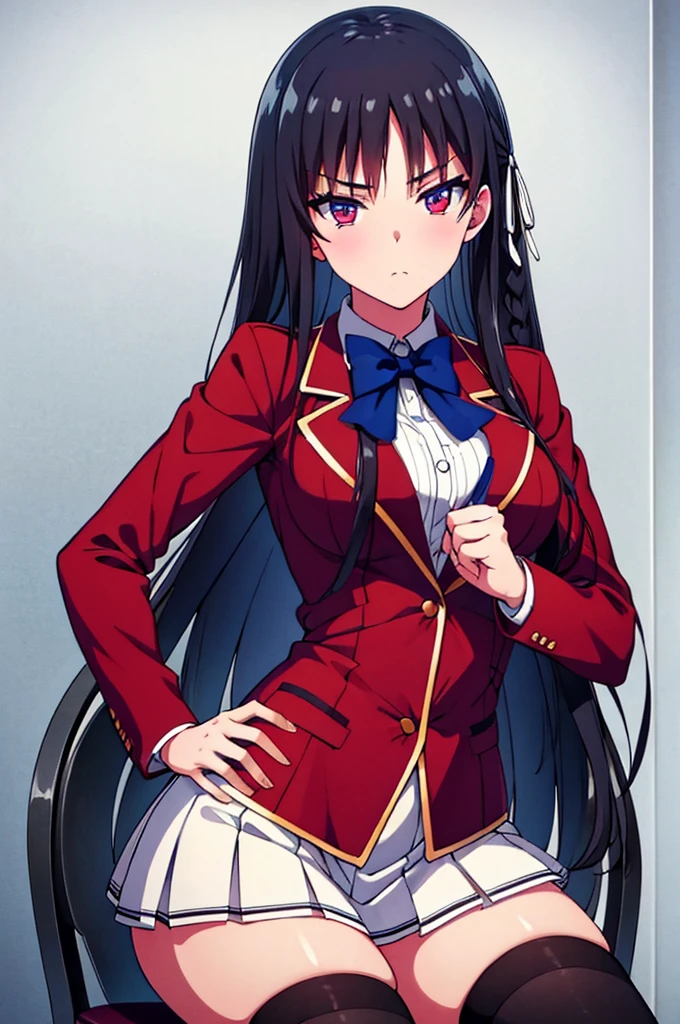 (masterpiece:1.3), (best quality:1.1), (8k, ultra detailed, ultra high res:1.2), ((anime style)), perfect 5 fingers, perfect anatomy, 1girl, 
BREAK long hair, braid, black hair, red eyes, (focus detailed eyes:1.2), blue bow, BREAK [medium breasts], red jacket, long sleeves, white skirt, pleated skirt, black thigh-high socks, looking at viewer, cowboy shot, BREAK straddling a chair, on the chair, in the room, 