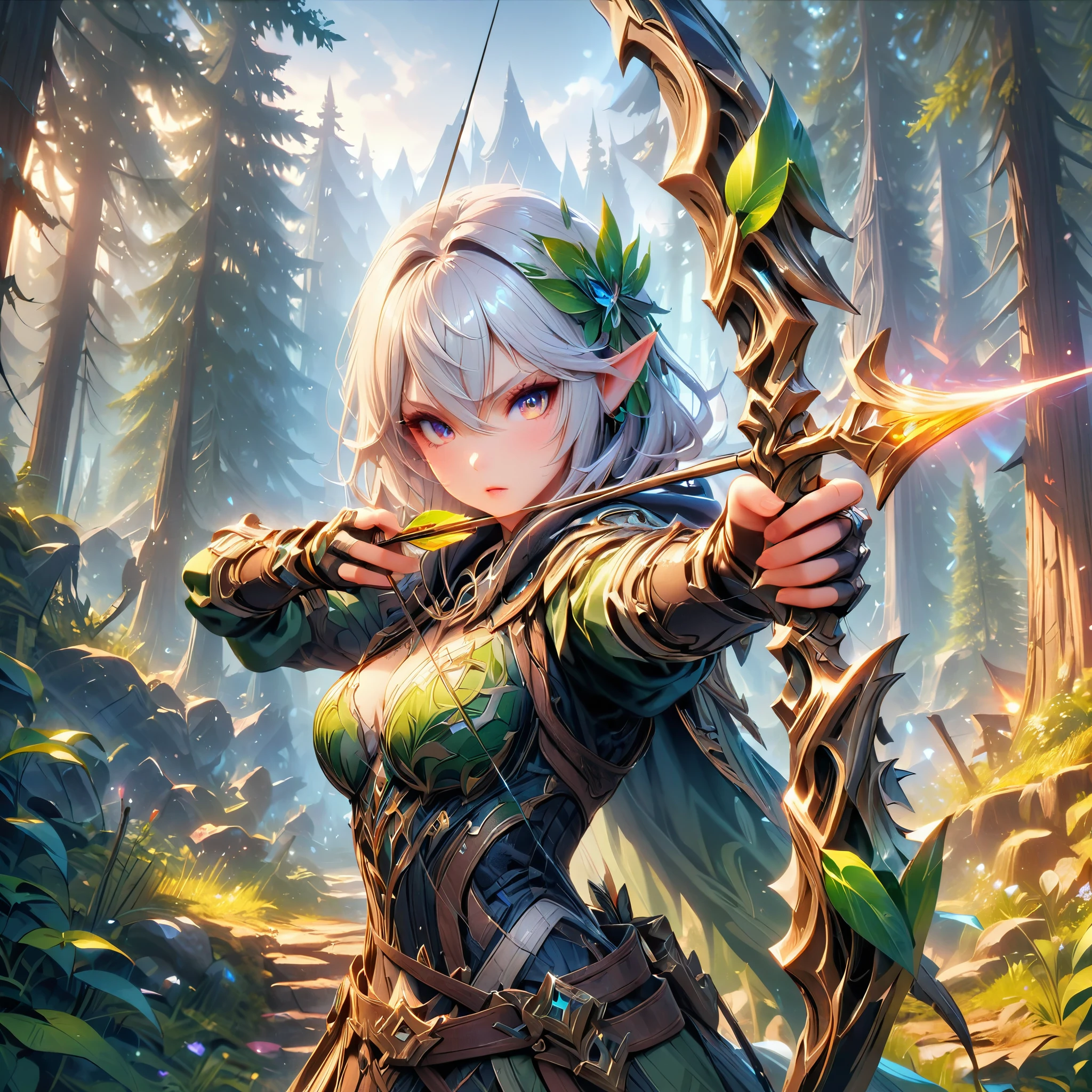 (Ashe: Archer,Characters appearing in League of Legends,female elf hunter),nordic forest background,black hooded cloak,Eyes aiming at prey,(bow \(weapon\), arrow \(projectile\), holding bow \(weapon\), aiming, holding arrow, drawing bow,),BREAK,(bow: structurally correct),BREAK,(masterpiece:1.3),(highest quality:1.4),(ultra detailed:1.5),High resolution,extremely detailed,unity 8k wallpaper,anatomically correct,perfect anatomy,rich colors,Calm color scheme,Carefully depicting a beautiful Nordic forest,walk among the trees